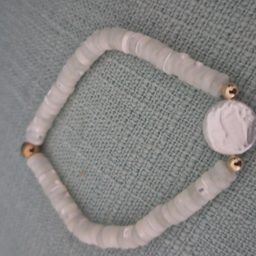 Natural Mother.of Pearl White Slices Of Pearl Rings & Pearl Coin Choker,Braclet - Picture 5 of 7